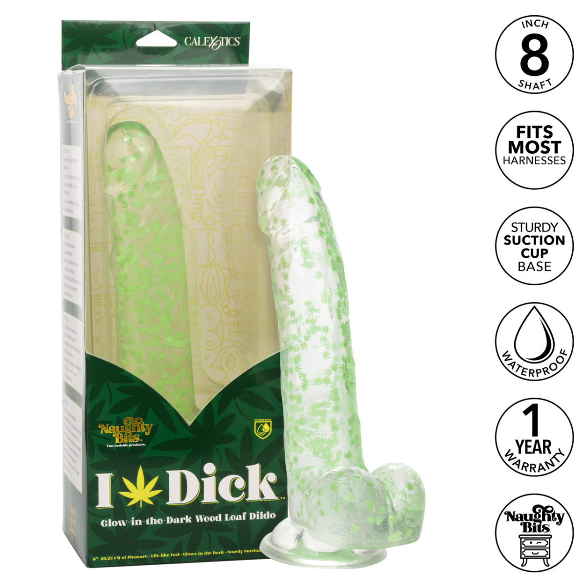 Dildo Realista Glow in the Dark Naughty Bits Weed Leaf 8” con Ventosa