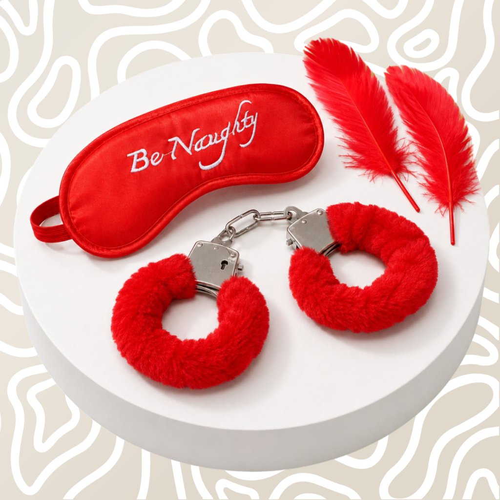 Kit BDSM Antifaz Esposas Y Pluma Para Parejas Rojo