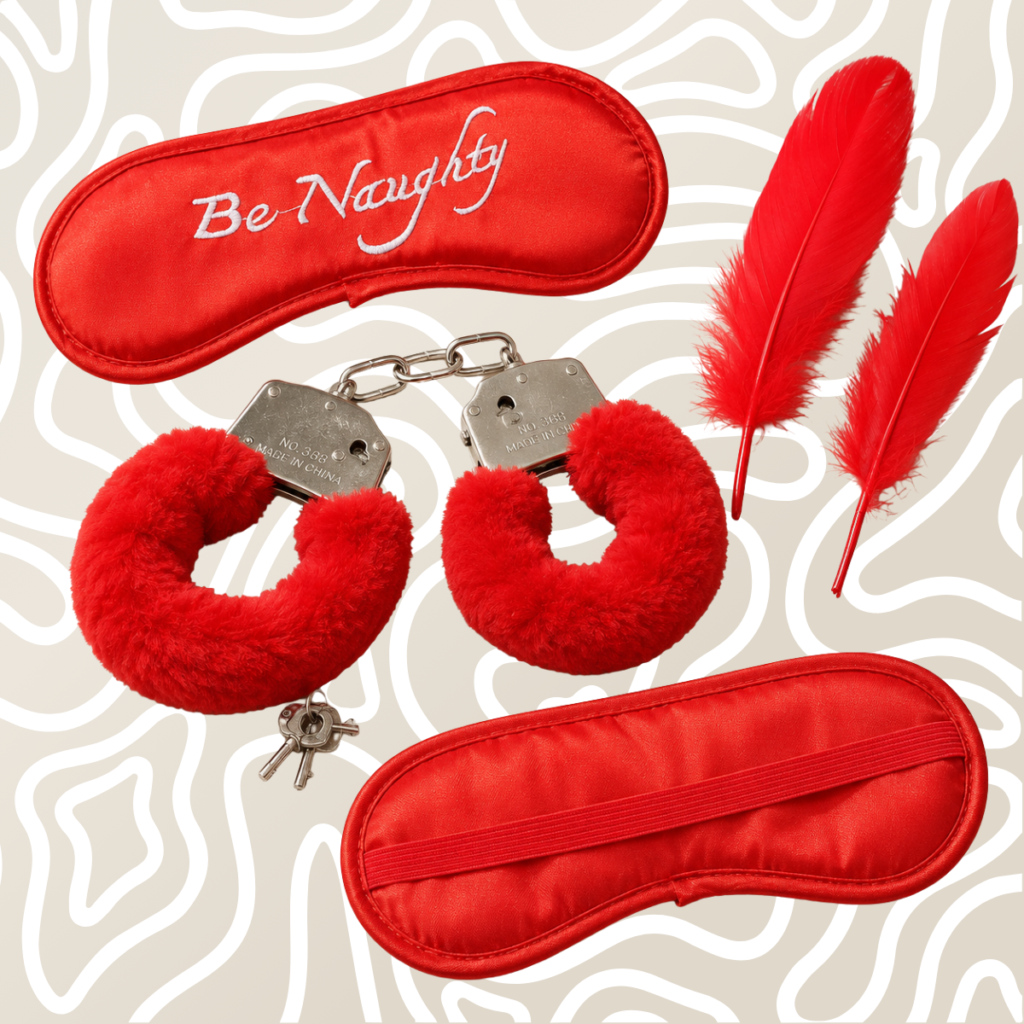 Kit BDSM Antifaz Esposas Y Pluma Para Parejas Rojo