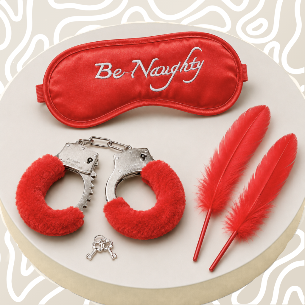 Kit BDSM Antifaz Esposas Y Pluma Para Parejas Rojo