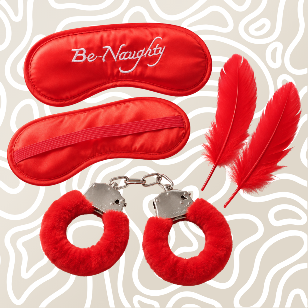Kit BDSM Antifaz Esposas Y Pluma Para Parejas Rojo