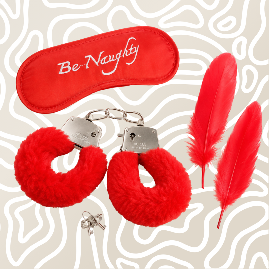 Kit BDSM Antifaz Esposas Y Pluma Para Parejas Rojo
