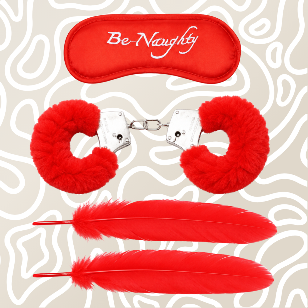Kit BDSM Antifaz Esposas Y Pluma Para Parejas Rojo