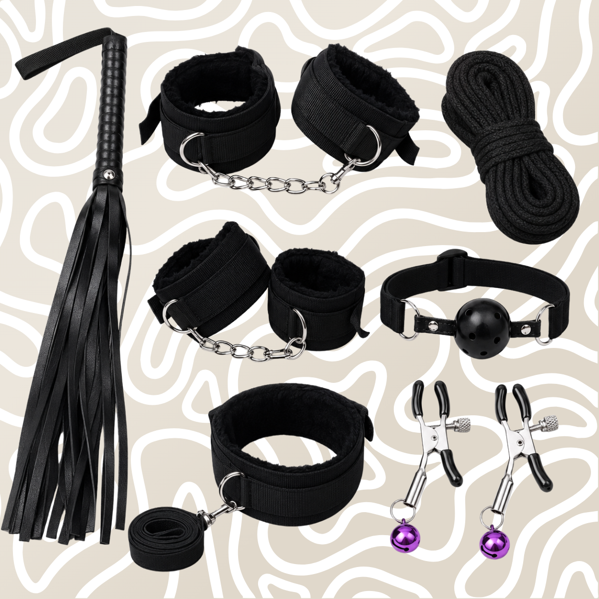 Kit BDSM Para Parejas Con Esposas Mordaza Venda Látigo Y Cuerda Shibari