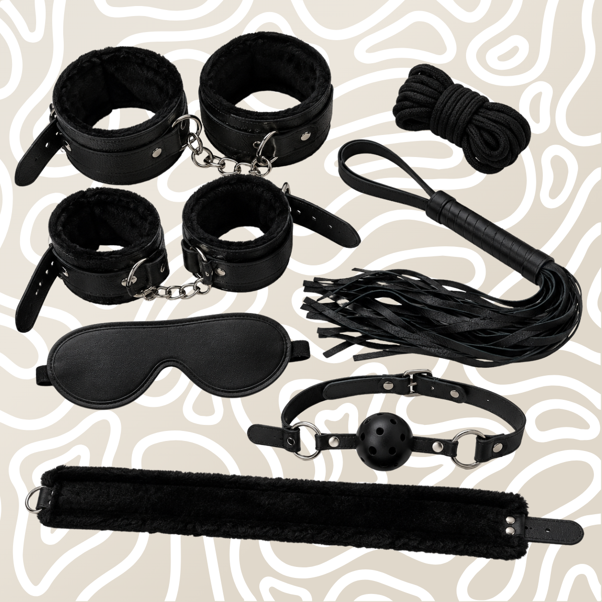 Kit BDSM Para Parejas Con Esposas Mordaza Venda Látigo Y Cuerda Shibari - Image 2