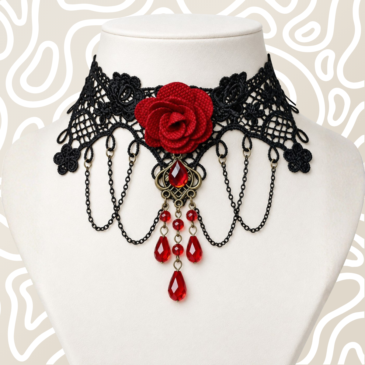 Gargantilla Choker Encaje Negro Rosa Roja Dije Vintage Mujer: imagen 1