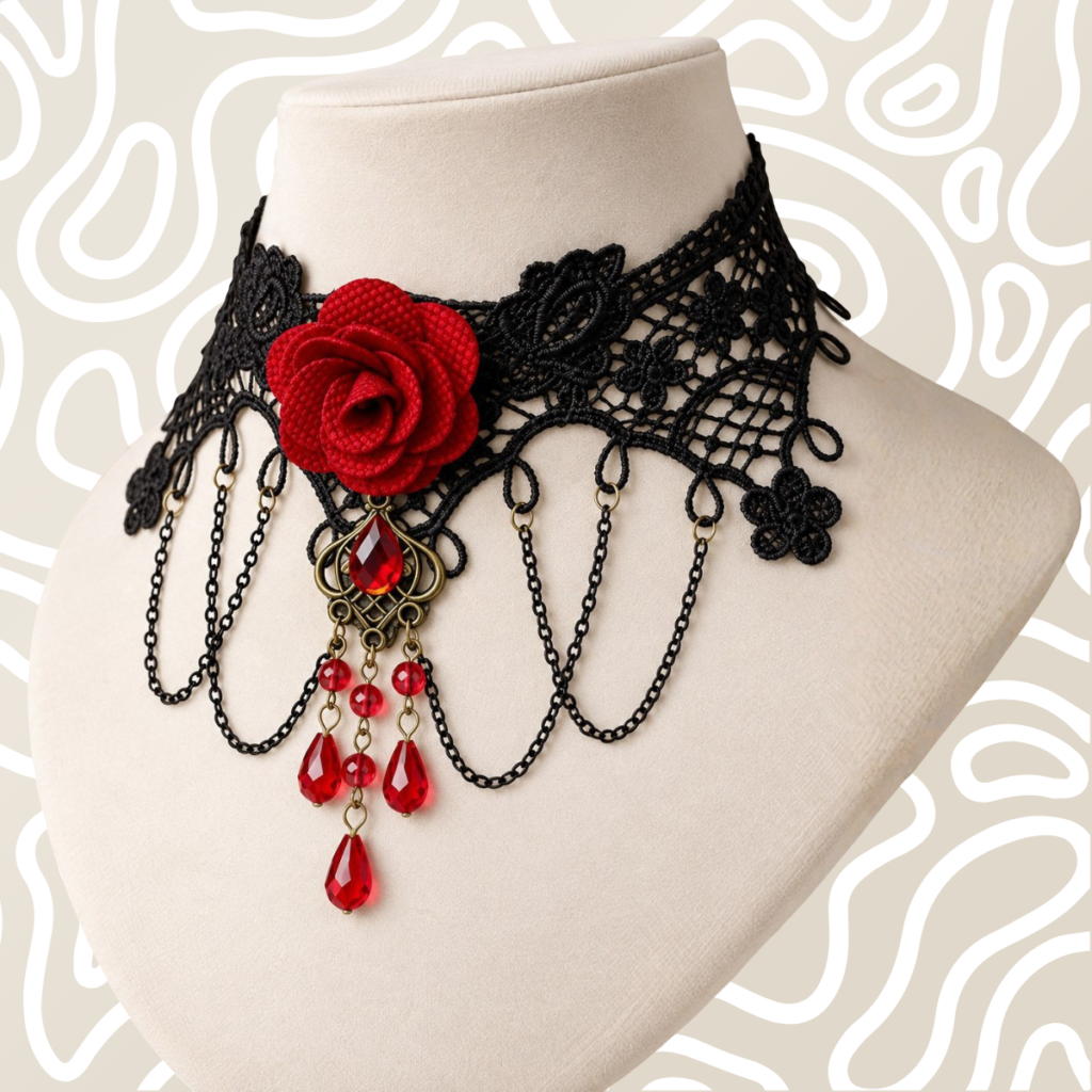 Gargantilla Choker Encaje Negro Rosa Roja Dije Vintage Mujer
