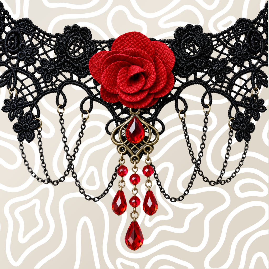 Gargantilla Choker Encaje Negro Rosa Roja Dije Vintage Mujer