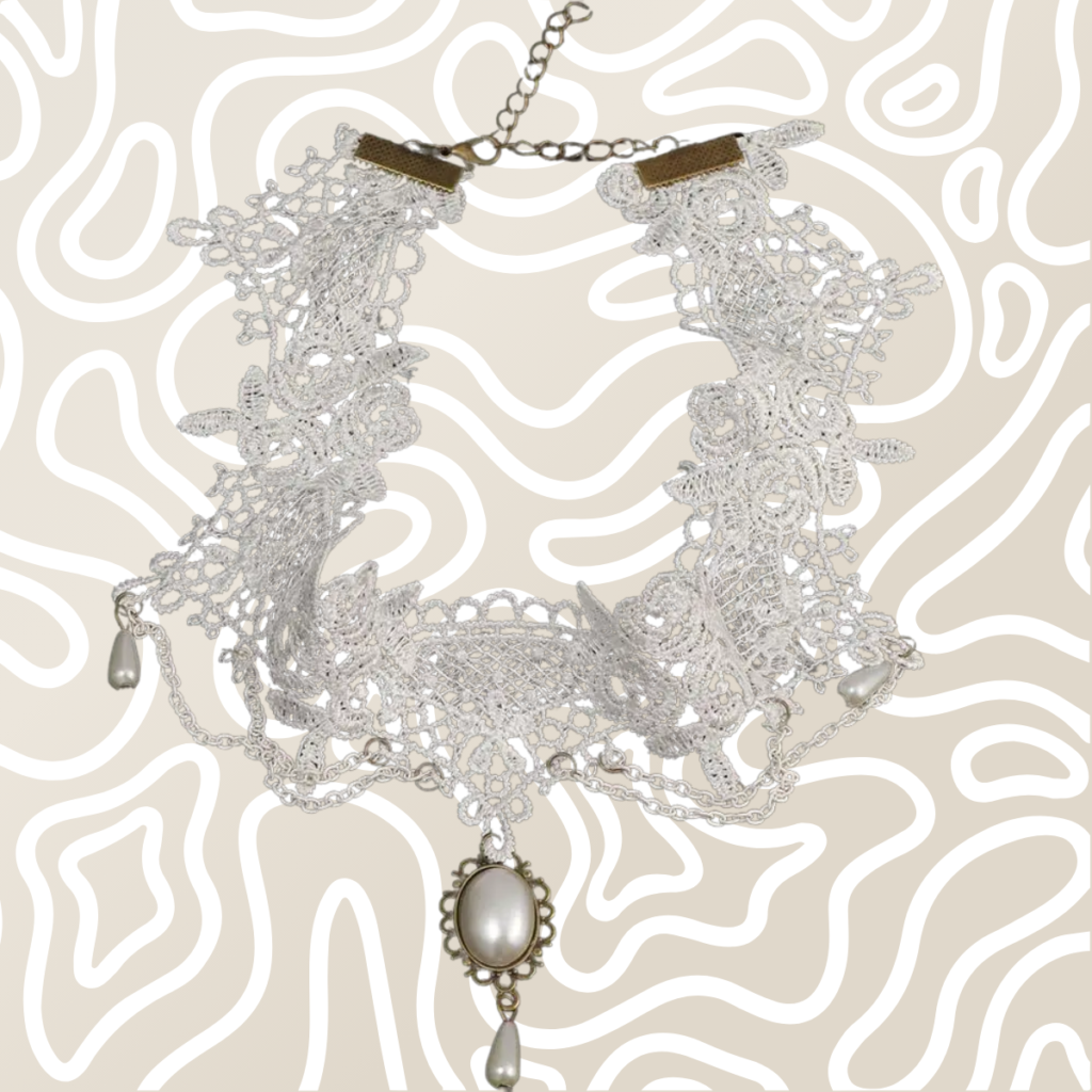 Collar Gargantilla Encaje Blanco Perlas Dije Vintage Mujer